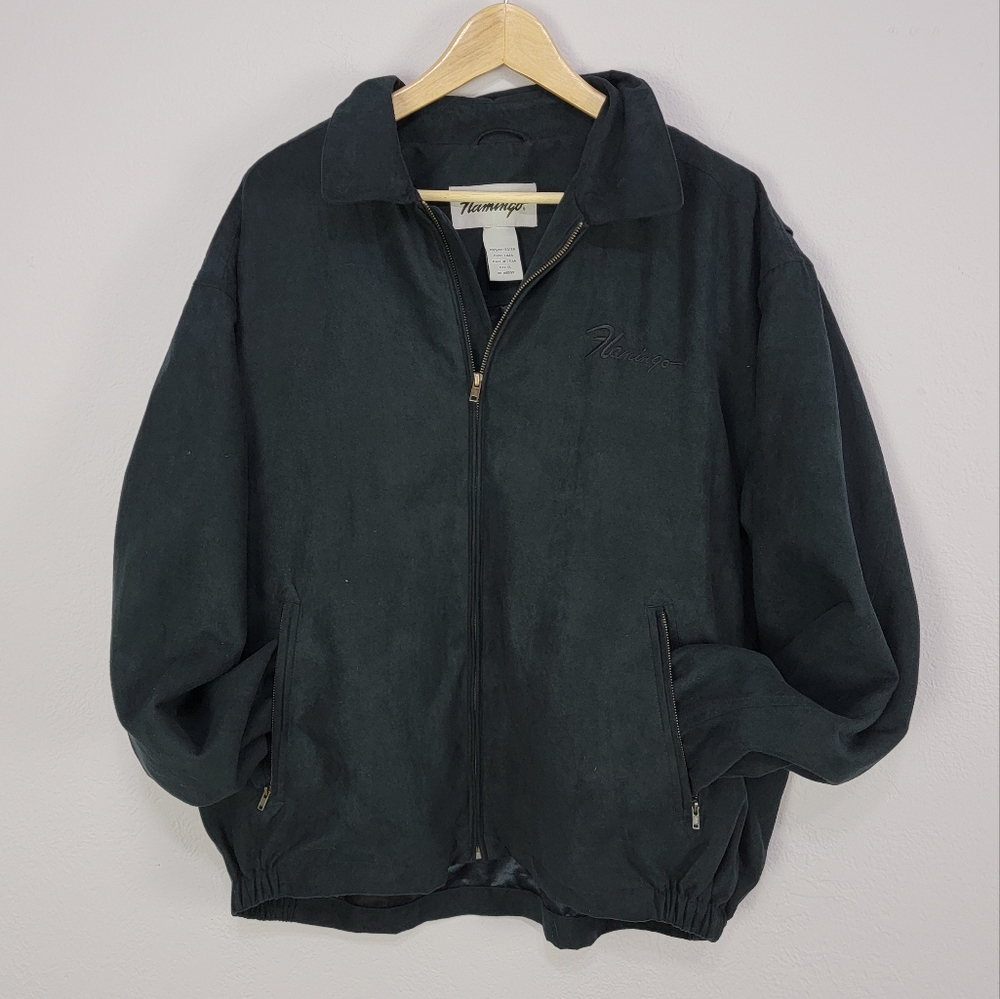 Vintage Flamingo Black Microfiber Full Zip Bomber Jacket Size XL